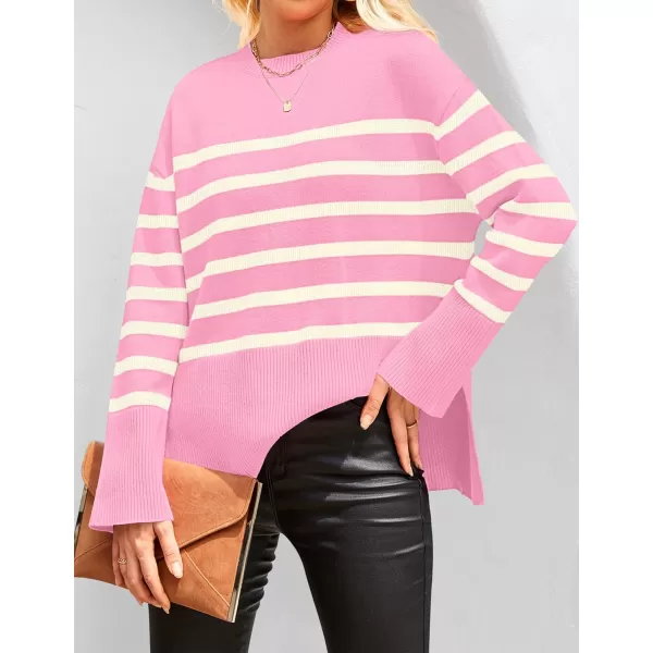 ZESICA Womens 2024 Fall Winter Striped Long Sleeve Crew Neck Ribbed Knit Side Slit Oversized Pullover Sweater Jumper TopPink
