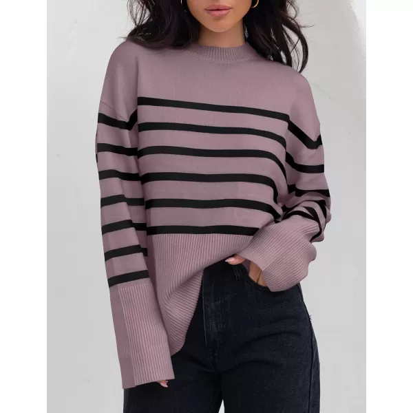 ZESICA Womens 2024 Fall Winter Striped Long Sleeve Crew Neck Ribbed Knit Side Slit Oversized Pullover Sweater Jumper TopPurple