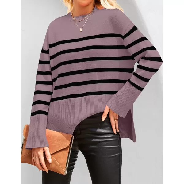 ZESICA Womens 2024 Fall Winter Striped Long Sleeve Crew Neck Ribbed Knit Side Slit Oversized Pullover Sweater Jumper TopPurple
