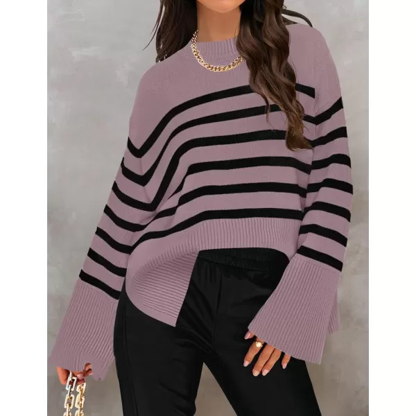 ZESICA Womens 2024 Fall Winter Striped Long Sleeve Crew Neck Ribbed Knit Side Slit Oversized Pullover Sweater Jumper TopPurple