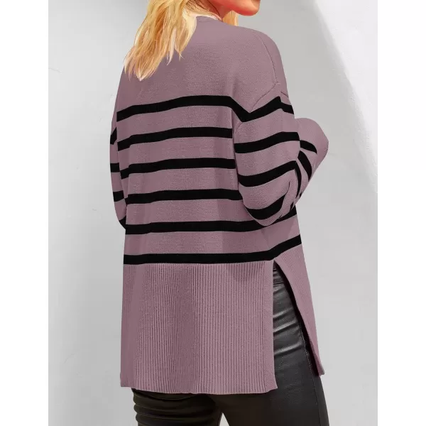 ZESICA Womens 2024 Fall Winter Striped Long Sleeve Crew Neck Ribbed Knit Side Slit Oversized Pullover Sweater Jumper TopPurple