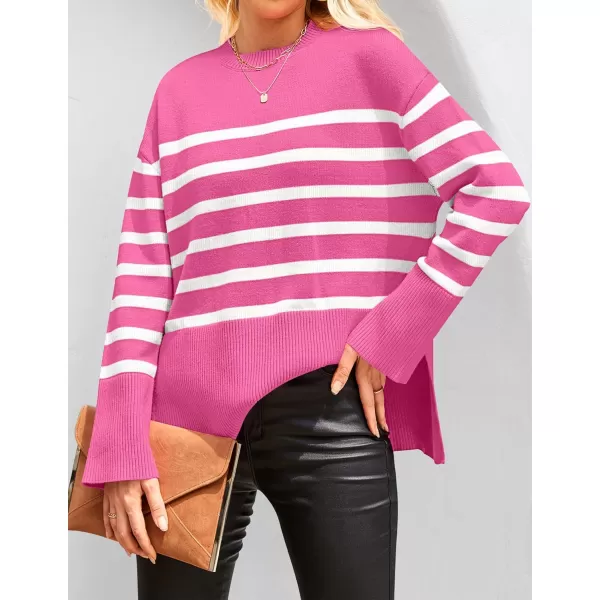 ZESICA Womens 2024 Fall Winter Striped Long Sleeve Crew Neck Ribbed Knit Side Slit Oversized Pullover Sweater Jumper TopRose