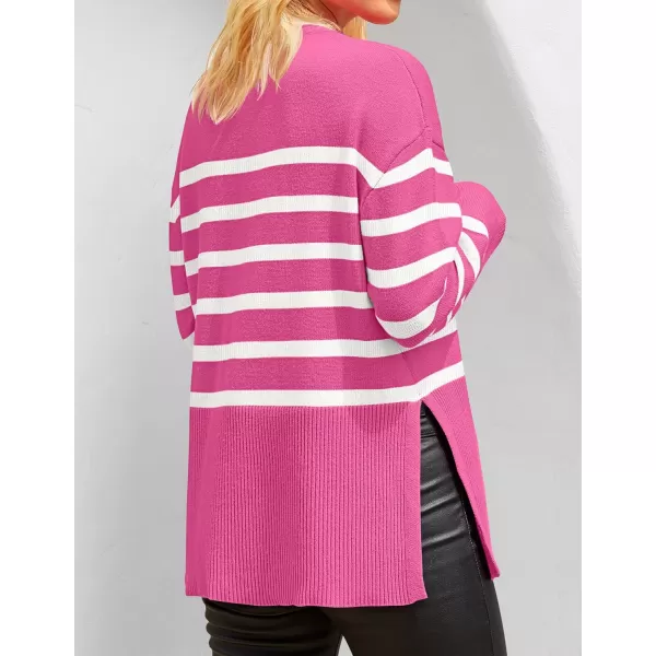 ZESICA Womens 2024 Fall Winter Striped Long Sleeve Crew Neck Ribbed Knit Side Slit Oversized Pullover Sweater Jumper TopRose