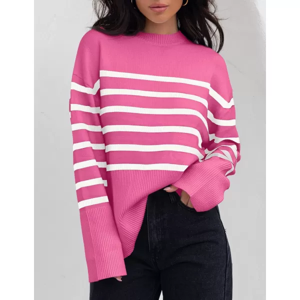 ZESICA Womens 2024 Fall Winter Striped Long Sleeve Crew Neck Ribbed Knit Side Slit Oversized Pullover Sweater Jumper TopRose