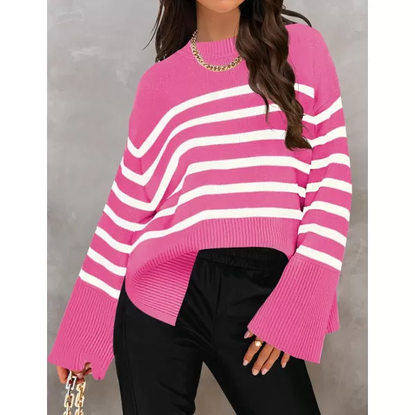 ZESICA Womens 2024 Fall Winter Striped Long Sleeve Crew Neck Ribbed Knit Side Slit Oversized Pullover Sweater Jumper TopRose