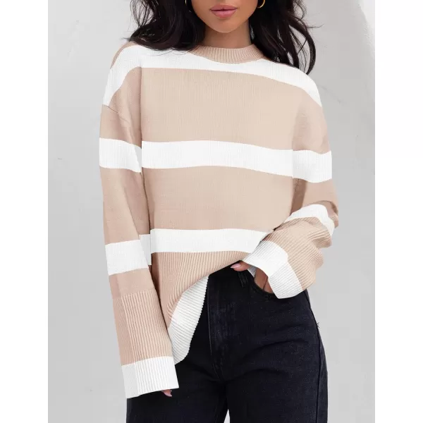ZESICA Womens 2024 Fall Winter Striped Long Sleeve Crew Neck Ribbed Knit Side Slit Oversized Pullover Sweater Jumper TopSand