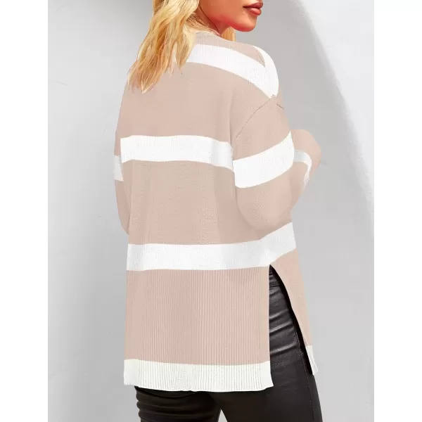 ZESICA Womens 2024 Fall Winter Striped Long Sleeve Crew Neck Ribbed Knit Side Slit Oversized Pullover Sweater Jumper TopSand