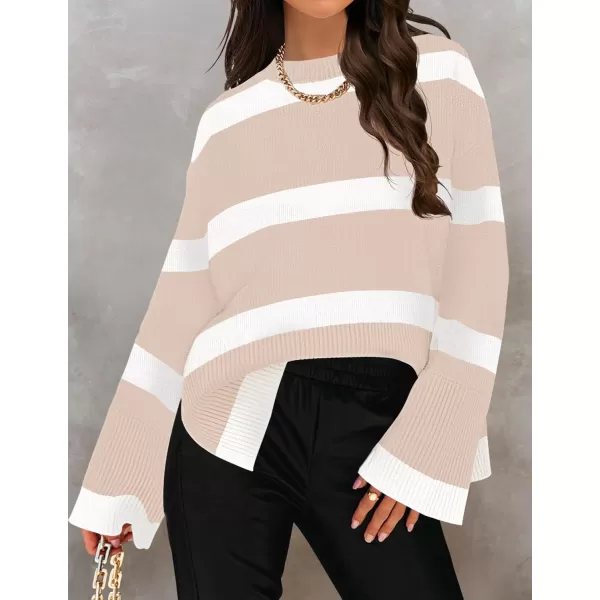 ZESICA Womens 2024 Fall Winter Striped Long Sleeve Crew Neck Ribbed Knit Side Slit Oversized Pullover Sweater Jumper TopSand