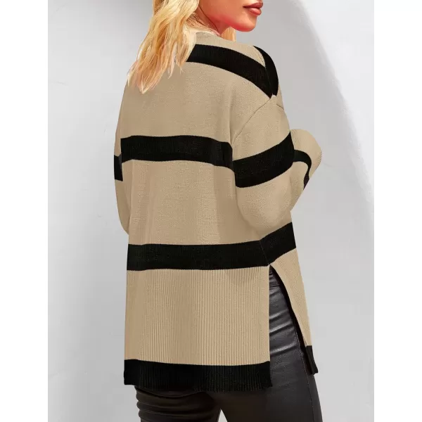 ZESICA Womens 2024 Fall Winter Striped Long Sleeve Crew Neck Ribbed Knit Side Slit Oversized Pullover Sweater Jumper TopTan