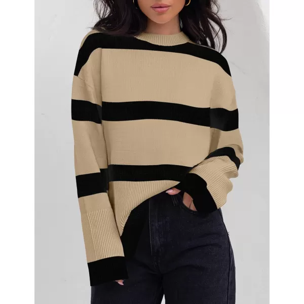 ZESICA Womens 2024 Fall Winter Striped Long Sleeve Crew Neck Ribbed Knit Side Slit Oversized Pullover Sweater Jumper TopTan