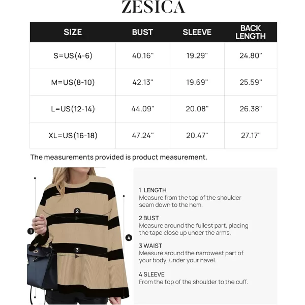 ZESICA Womens 2024 Fall Winter Striped Long Sleeve Crew Neck Ribbed Knit Side Slit Oversized Pullover Sweater Jumper TopTan
