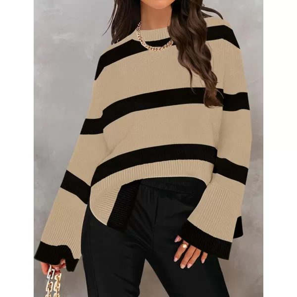 ZESICA Womens 2024 Fall Winter Striped Long Sleeve Crew Neck Ribbed Knit Side Slit Oversized Pullover Sweater Jumper TopTan