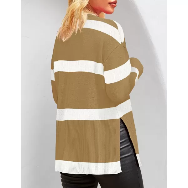 ZESICA Womens 2024 Fall Winter Striped Long Sleeve Crew Neck Ribbed Knit Side Slit Oversized Pullover Sweater Jumper TopToffee