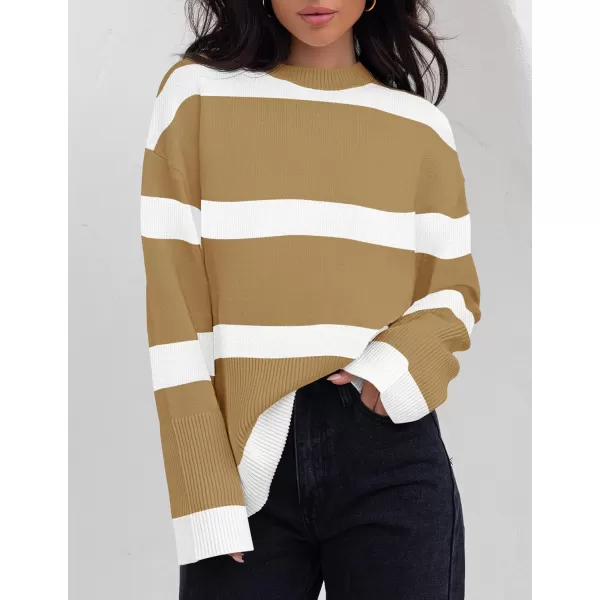 ZESICA Womens 2024 Fall Winter Striped Long Sleeve Crew Neck Ribbed Knit Side Slit Oversized Pullover Sweater Jumper TopToffee