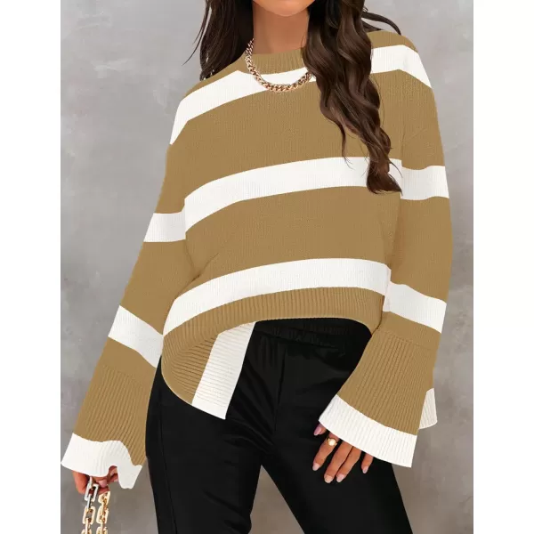 ZESICA Womens 2024 Fall Winter Striped Long Sleeve Crew Neck Ribbed Knit Side Slit Oversized Pullover Sweater Jumper TopToffee