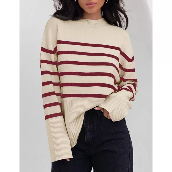 ZESICA Womens 2024 Fall Winter Striped Long Sleeve Crew Neck Ribbed Knit Side Slit Oversized Pullover Sweater Jumper TopVintagered