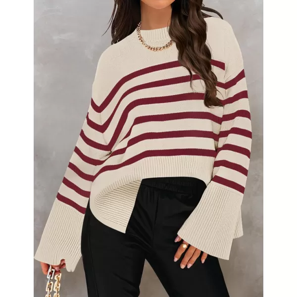 ZESICA Womens 2024 Fall Winter Striped Long Sleeve Crew Neck Ribbed Knit Side Slit Oversized Pullover Sweater Jumper TopVintagered
