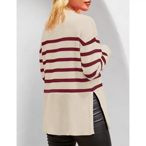 ZESICA Womens 2024 Fall Winter Striped Long Sleeve Crew Neck Ribbed Knit Side Slit Oversized Pullover Sweater Jumper TopVintagered