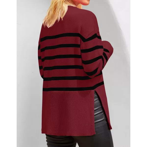 ZESICA Womens 2024 Fall Winter Striped Long Sleeve Crew Neck Ribbed Knit Side Slit Oversized Pullover Sweater Jumper TopWine