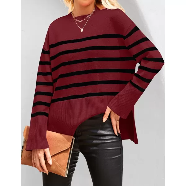 ZESICA Womens 2024 Fall Winter Striped Long Sleeve Crew Neck Ribbed Knit Side Slit Oversized Pullover Sweater Jumper TopWine