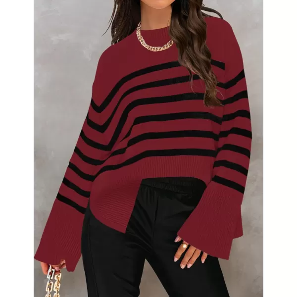 ZESICA Womens 2024 Fall Winter Striped Long Sleeve Crew Neck Ribbed Knit Side Slit Oversized Pullover Sweater Jumper TopWine