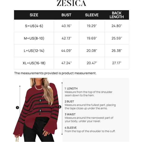 ZESICA Womens 2024 Fall Winter Striped Long Sleeve Crew Neck Ribbed Knit Side Slit Oversized Pullover Sweater Jumper TopWine