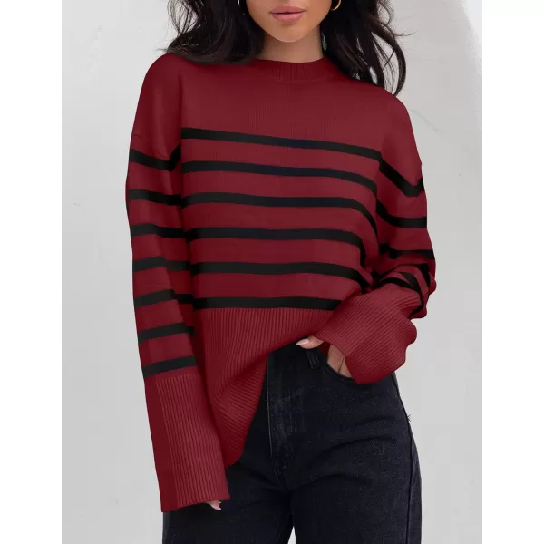 ZESICA Womens 2024 Fall Winter Striped Long Sleeve Crew Neck Ribbed Knit Side Slit Oversized Pullover Sweater Jumper TopWine