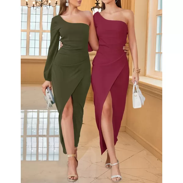 ZESICA Womens 2024 One Shoulder Long Sleeve Cocktail Dress Sexy High Slit Ruched Bodycon Wedding Guest Maxi DressesArmygreen