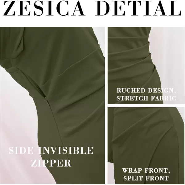ZESICA Womens 2024 One Shoulder Long Sleeve Cocktail Dress Sexy High Slit Ruched Bodycon Wedding Guest Maxi DressesArmygreen