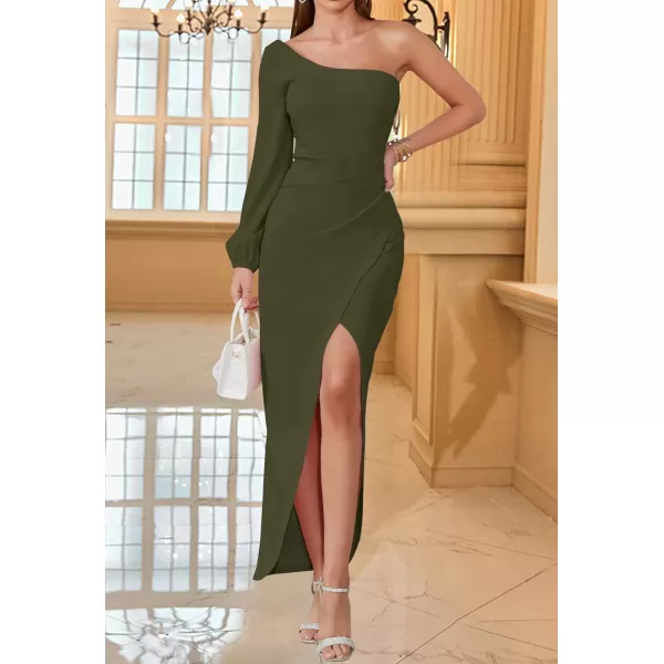 ZESICA Womens 2024 One Shoulder Long Sleeve Cocktail Dress Sexy High Slit Ruched Bodycon Wedding Guest Maxi DressesArmygreen
