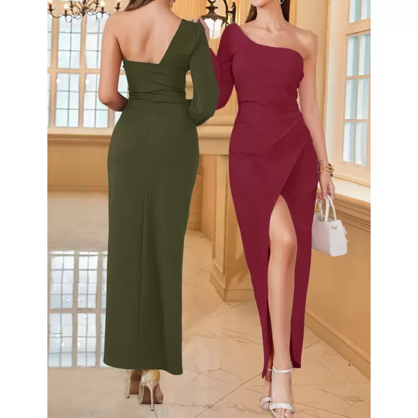 ZESICA Womens 2024 One Shoulder Long Sleeve Cocktail Dress Sexy High Slit Ruched Bodycon Wedding Guest Maxi DressesArmygreen