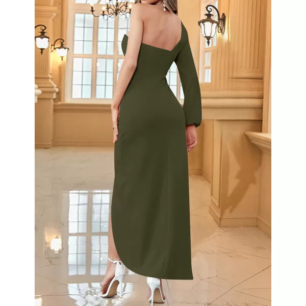 ZESICA Womens 2024 One Shoulder Long Sleeve Cocktail Dress Sexy High Slit Ruched Bodycon Wedding Guest Maxi DressesArmygreen