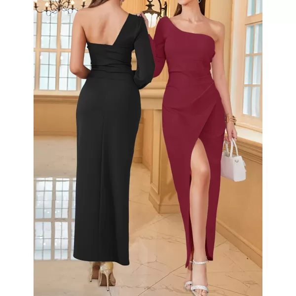 ZESICA Womens 2024 One Shoulder Long Sleeve Cocktail Dress Sexy High Slit Ruched Bodycon Wedding Guest Maxi DressesBlack
