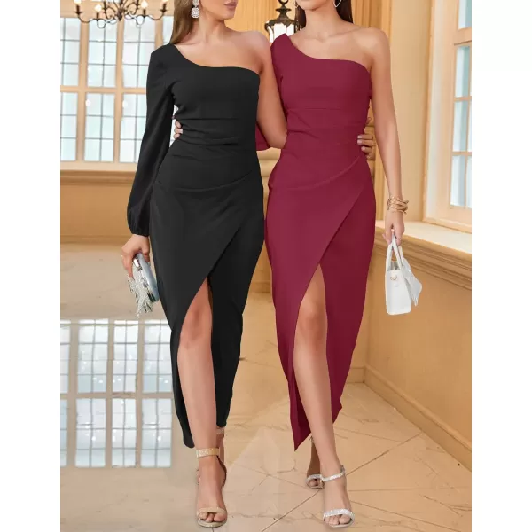 ZESICA Womens 2024 One Shoulder Long Sleeve Cocktail Dress Sexy High Slit Ruched Bodycon Wedding Guest Maxi DressesBlack