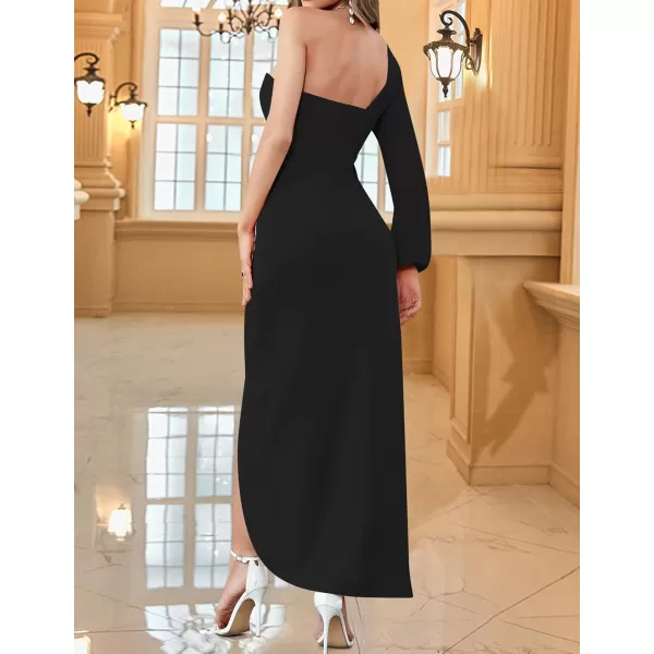 ZESICA Womens 2024 One Shoulder Long Sleeve Cocktail Dress Sexy High Slit Ruched Bodycon Wedding Guest Maxi DressesBlack