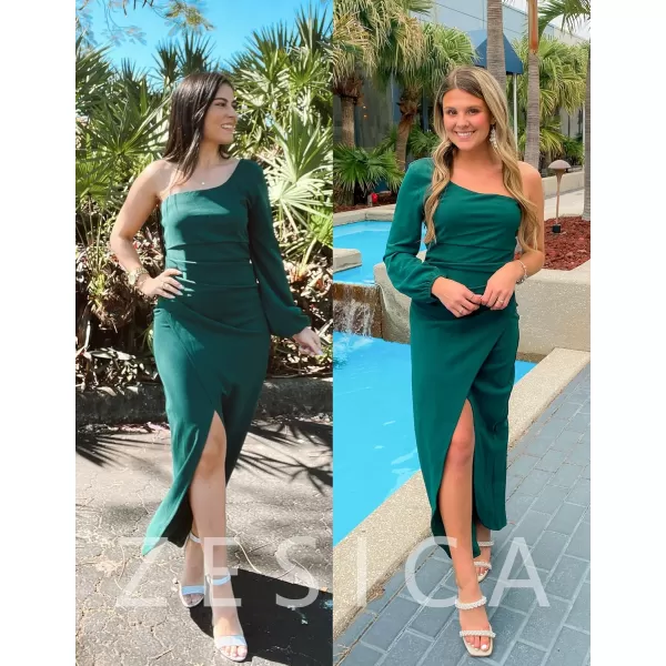ZESICA Womens 2024 One Shoulder Long Sleeve Cocktail Dress Sexy High Slit Ruched Bodycon Wedding Guest Maxi DressesDarkgreen