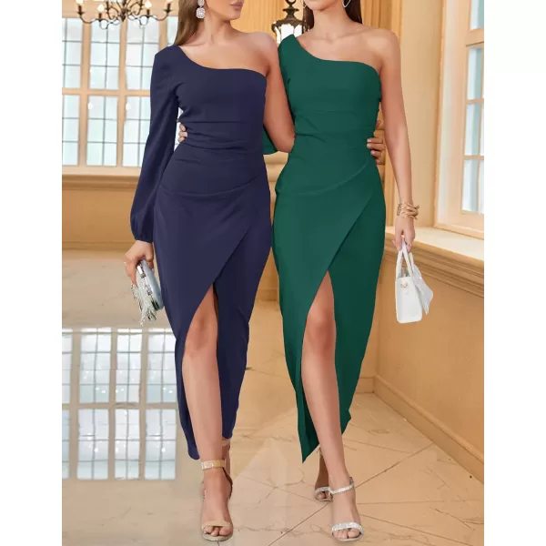 ZESICA Womens 2024 One Shoulder Long Sleeve Cocktail Dress Sexy High Slit Ruched Bodycon Wedding Guest Maxi DressesDarkgreen