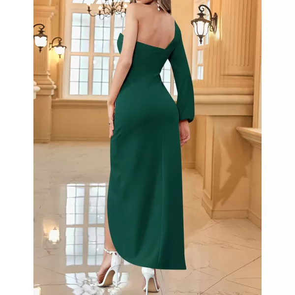 ZESICA Womens 2024 One Shoulder Long Sleeve Cocktail Dress Sexy High Slit Ruched Bodycon Wedding Guest Maxi DressesDarkgreen