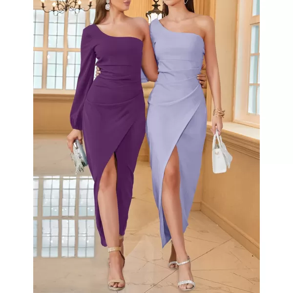 ZESICA Womens 2024 One Shoulder Long Sleeve Cocktail Dress Sexy High Slit Ruched Bodycon Wedding Guest Maxi DressesDarkpurple