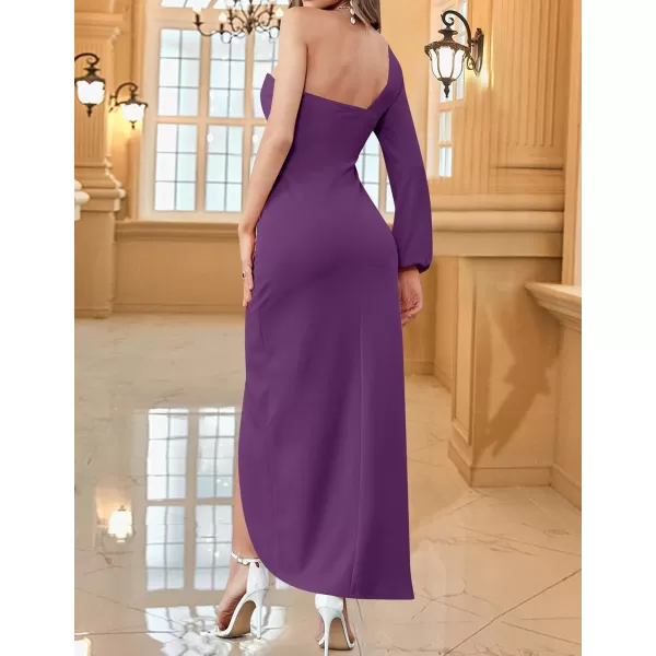 ZESICA Womens 2024 One Shoulder Long Sleeve Cocktail Dress Sexy High Slit Ruched Bodycon Wedding Guest Maxi DressesDarkpurple