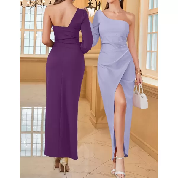 ZESICA Womens 2024 One Shoulder Long Sleeve Cocktail Dress Sexy High Slit Ruched Bodycon Wedding Guest Maxi DressesDarkpurple
