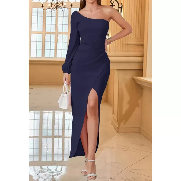 ZESICA Womens 2024 One Shoulder Long Sleeve Cocktail Dress Sexy High Slit Ruched Bodycon Wedding Guest Maxi DressesNavy