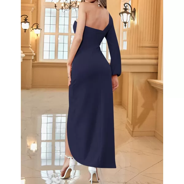 ZESICA Womens 2024 One Shoulder Long Sleeve Cocktail Dress Sexy High Slit Ruched Bodycon Wedding Guest Maxi DressesNavy