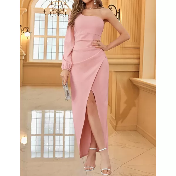 ZESICA Womens 2024 One Shoulder Long Sleeve Cocktail Dress Sexy High Slit Ruched Bodycon Wedding Guest Maxi DressesPink