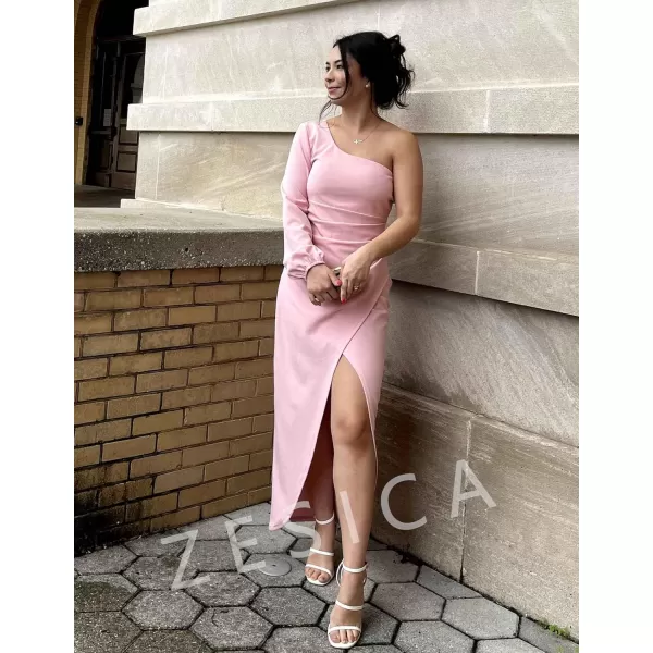 ZESICA Womens 2024 One Shoulder Long Sleeve Cocktail Dress Sexy High Slit Ruched Bodycon Wedding Guest Maxi DressesPink