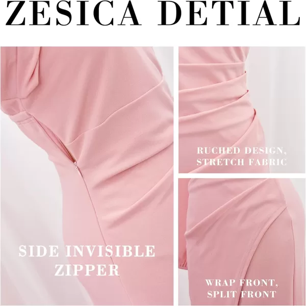 ZESICA Womens 2024 One Shoulder Long Sleeve Cocktail Dress Sexy High Slit Ruched Bodycon Wedding Guest Maxi DressesPink