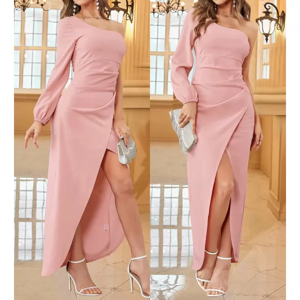 ZESICA Womens 2024 One Shoulder Long Sleeve Cocktail Dress Sexy High Slit Ruched Bodycon Wedding Guest Maxi DressesPink