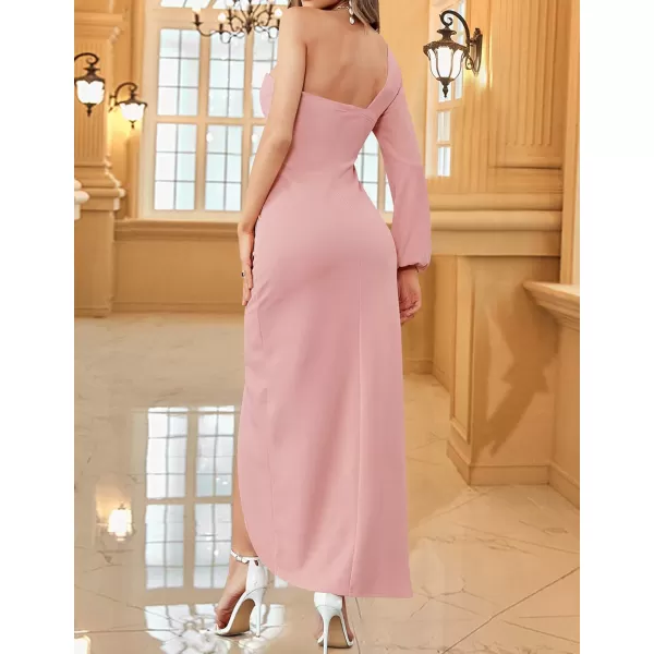 ZESICA Womens 2024 One Shoulder Long Sleeve Cocktail Dress Sexy High Slit Ruched Bodycon Wedding Guest Maxi DressesPink