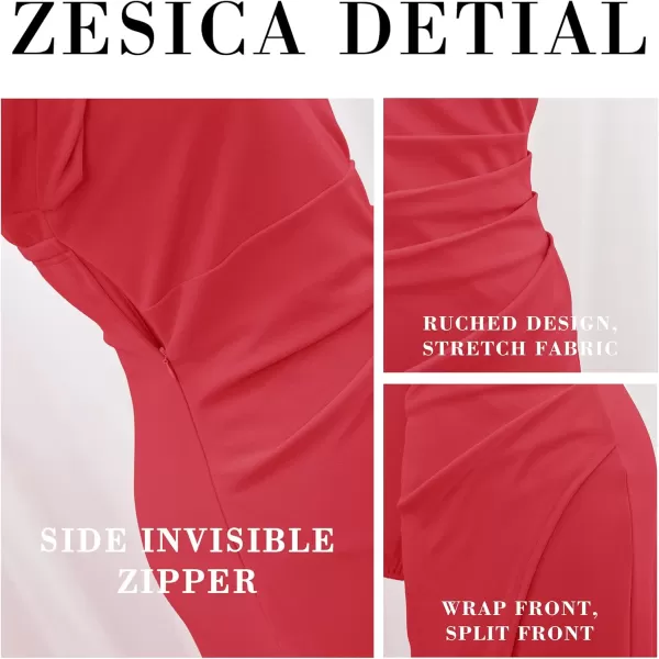 ZESICA Womens 2024 One Shoulder Long Sleeve Cocktail Dress Sexy High Slit Ruched Bodycon Wedding Guest Maxi DressesRed