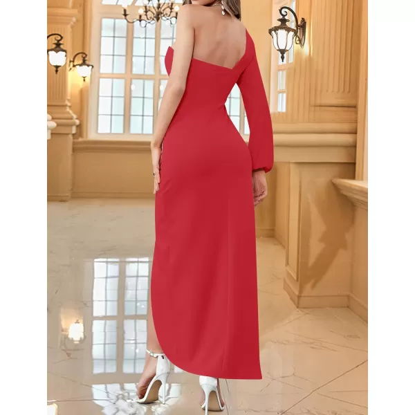 ZESICA Womens 2024 One Shoulder Long Sleeve Cocktail Dress Sexy High Slit Ruched Bodycon Wedding Guest Maxi DressesRed